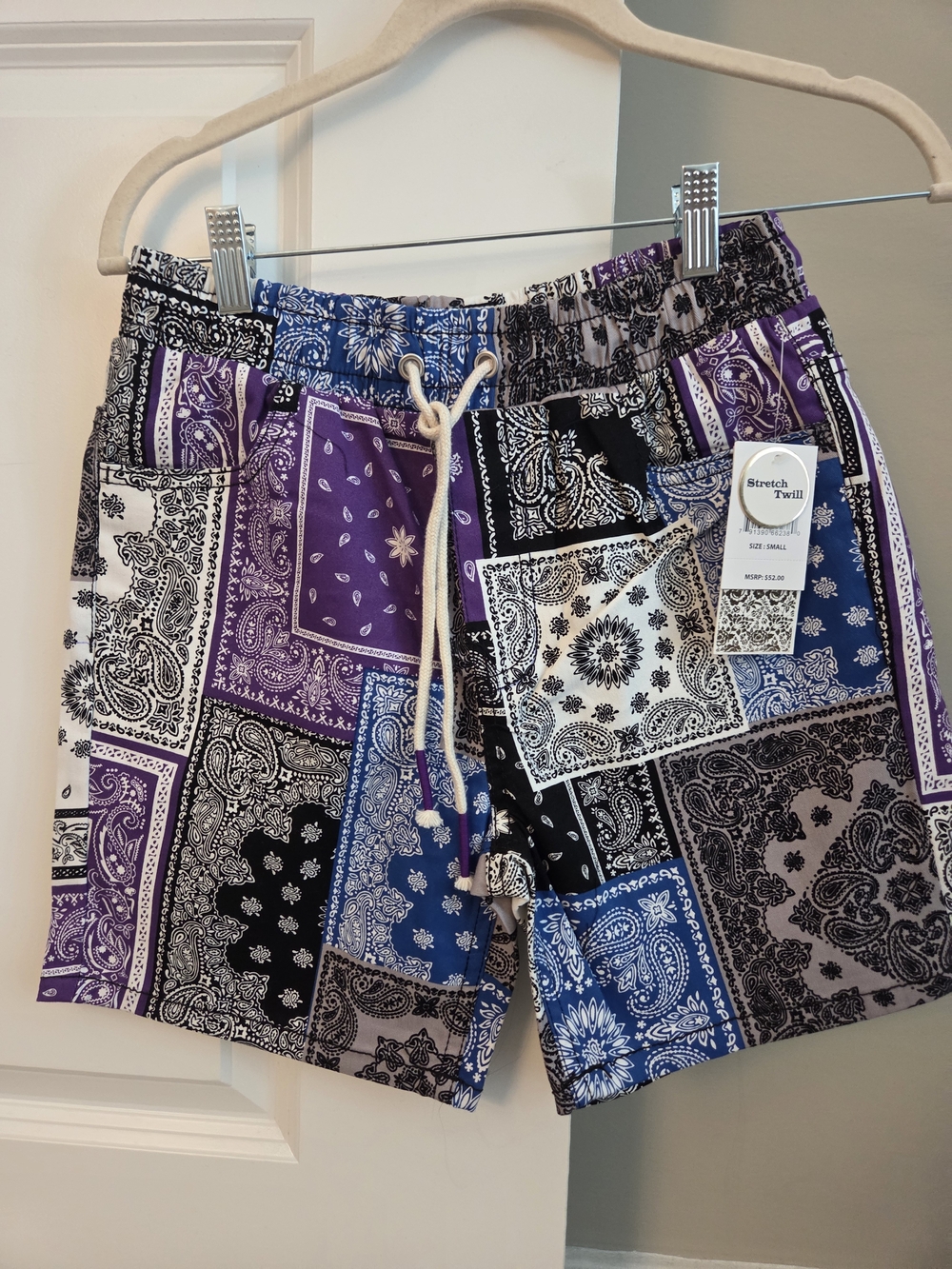 Fresh Patchwork Bandana Shorts in Purple, Blue, Black and White